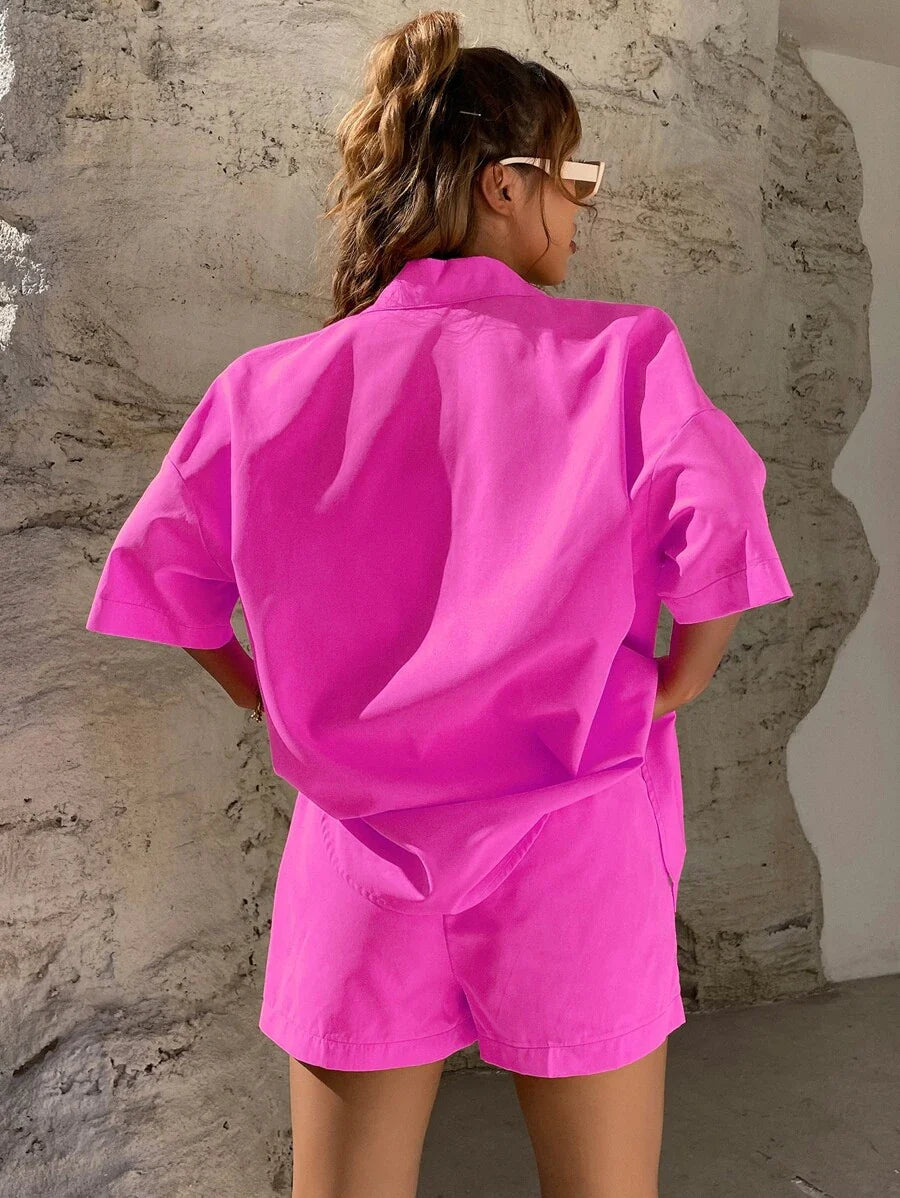 Bold Rush  Solid Button Through Drop Shoulder Shirt & Shorts