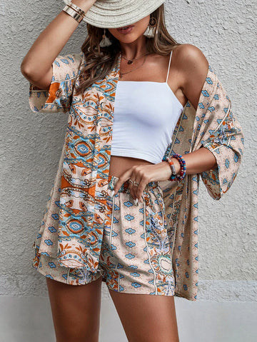 Bold Rush  Paisley Print Open Front Kimono & Shorts Without Cami Top