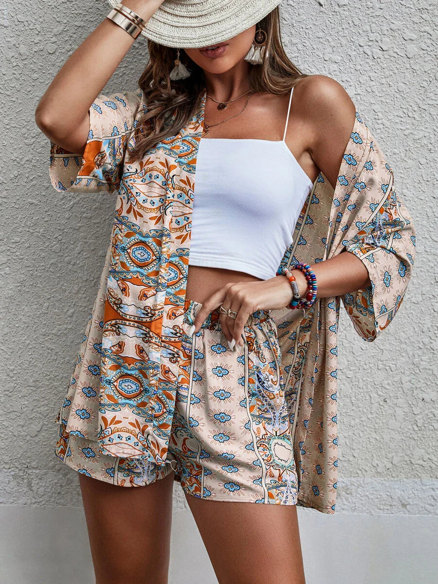 Bold Rush  Paisley Print Open Front Kimono & Shorts Without Cami Top
