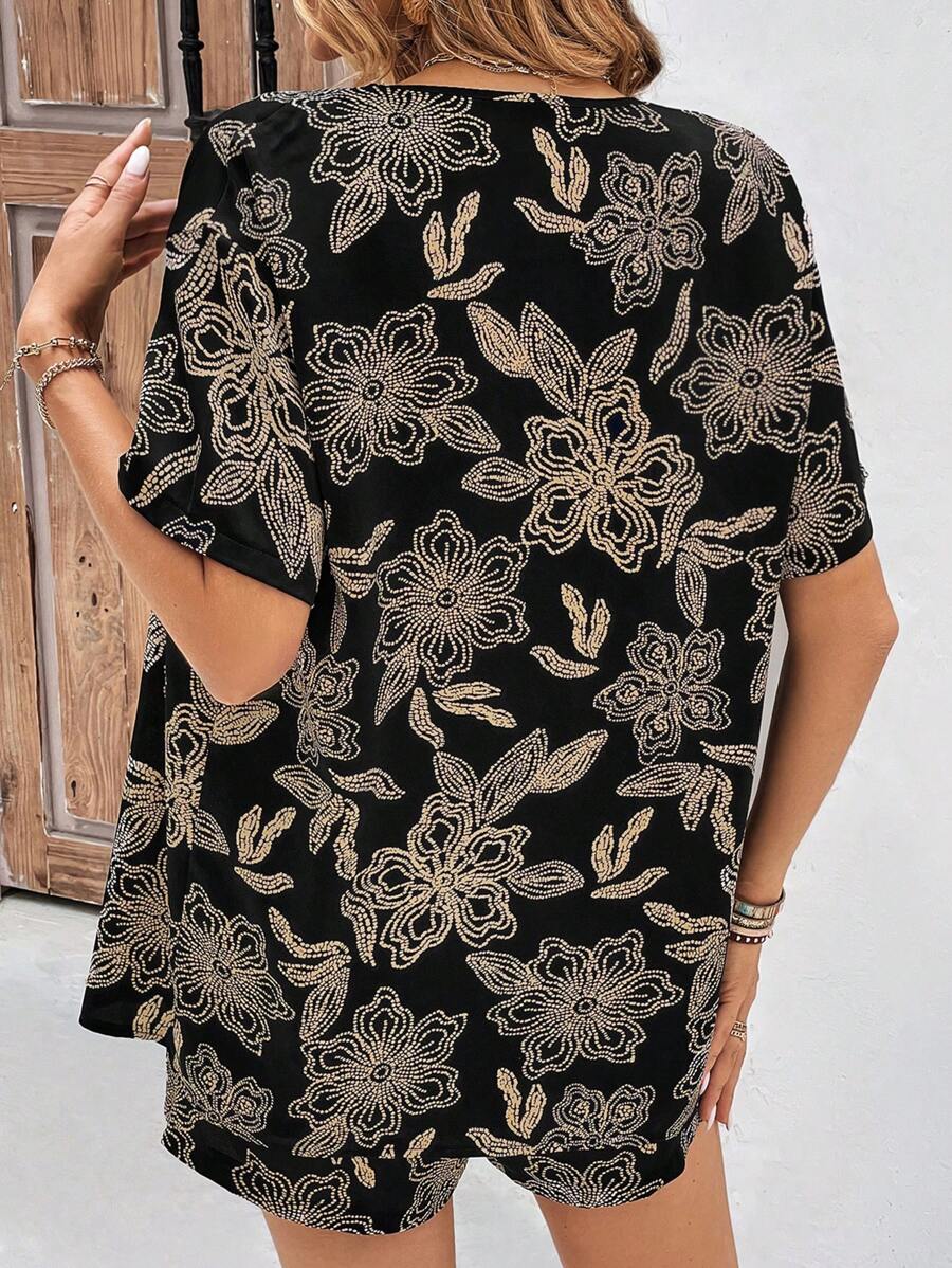 Bold Rush  Floral Print Open Front Kimono & Shorts