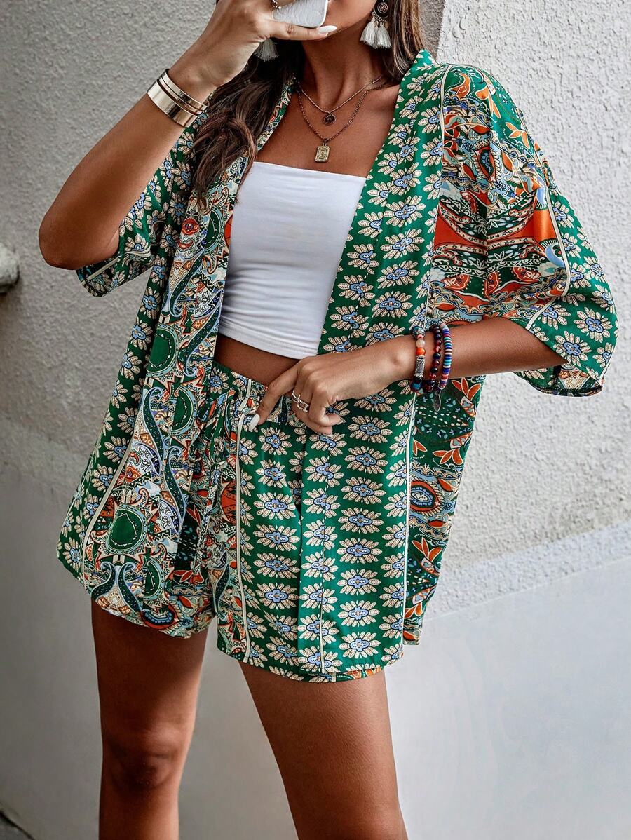 Bold Rush  Women's Full Printed Kimono Shirt And Shorts Set