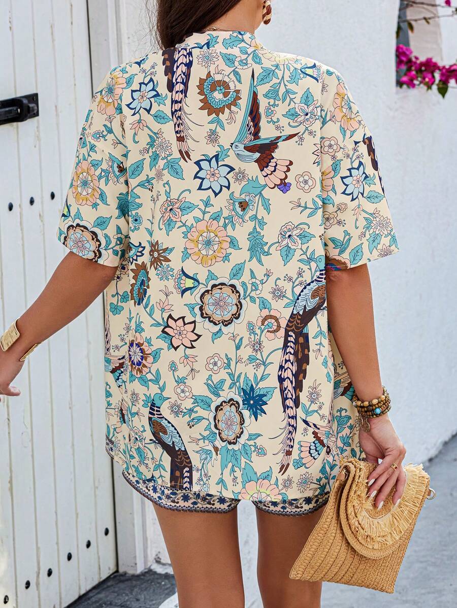 Bold Rush  LUNE 2pcs Women Boho Style Retro Print Long Cardigans And Shorts Set