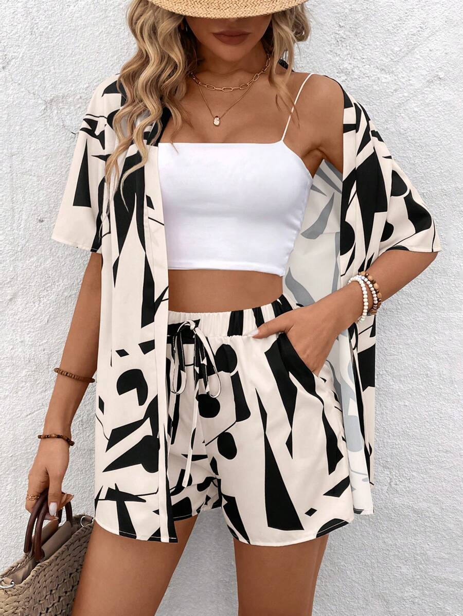 Bold Rush   Women's Random Print Shirt And Shorts Simple Daily Outfit Set