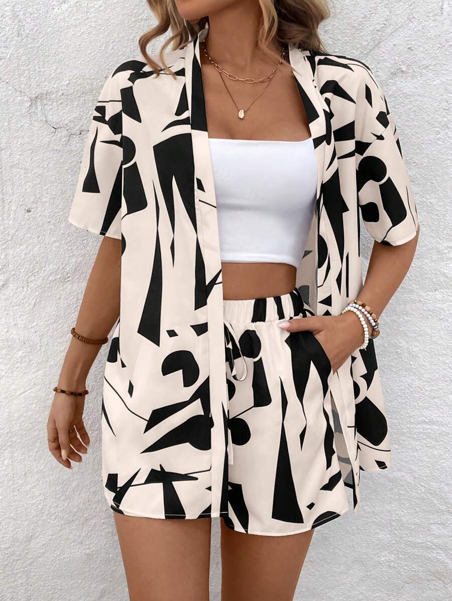 Bold Rush   Women's Random Print Shirt And Shorts Simple Daily Outfit Set