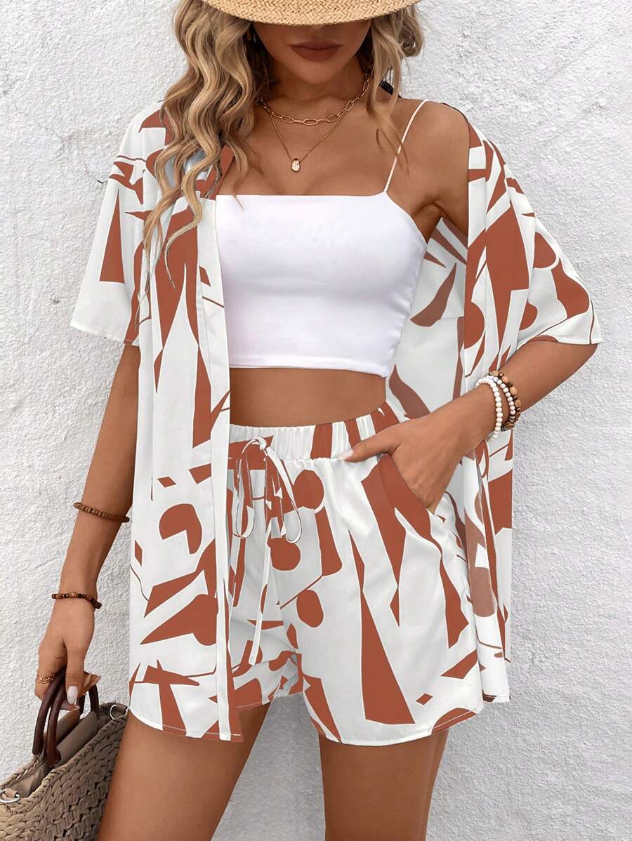 Bold Rush   Women's Random Print Shirt And Shorts Simple Daily Outfit Set