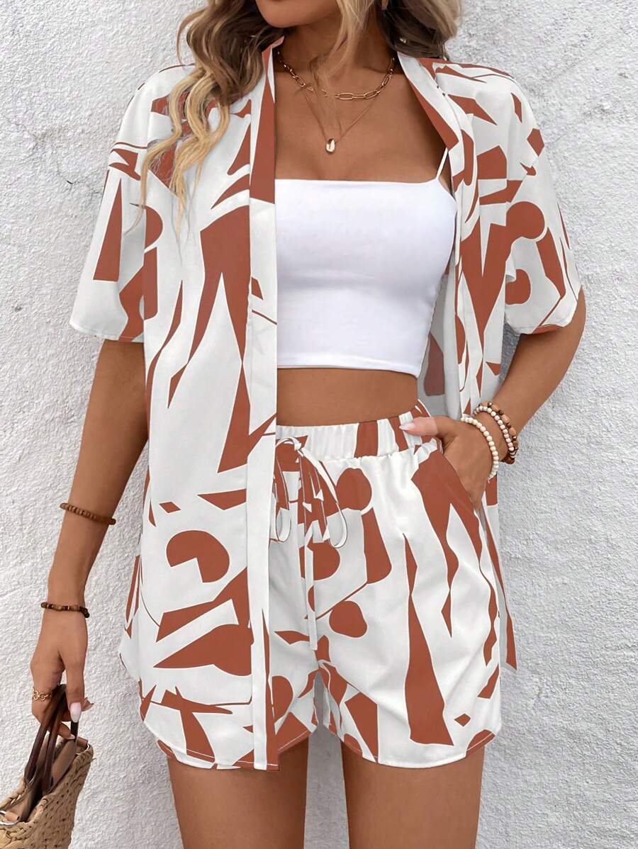 Bold Rush   Women's Random Print Shirt And Shorts Simple Daily Outfit Set
