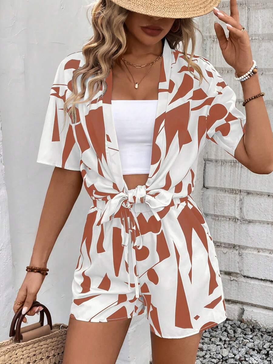 Bold Rush   Women's Random Print Shirt And Shorts Simple Daily Outfit Set