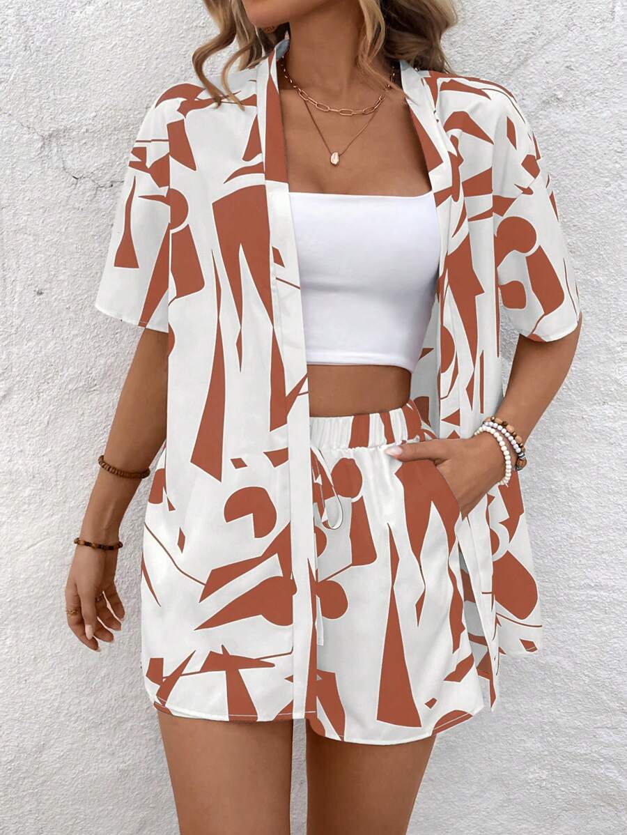 Bold Rush   Women's Random Print Shirt And Shorts Simple Daily Outfit Set