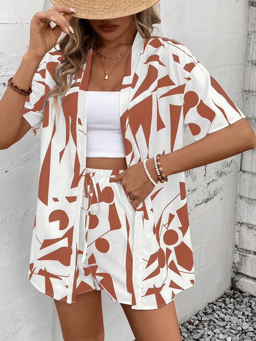 Bold Rush   Women's Random Print Shirt And Shorts Simple Daily Outfit Set