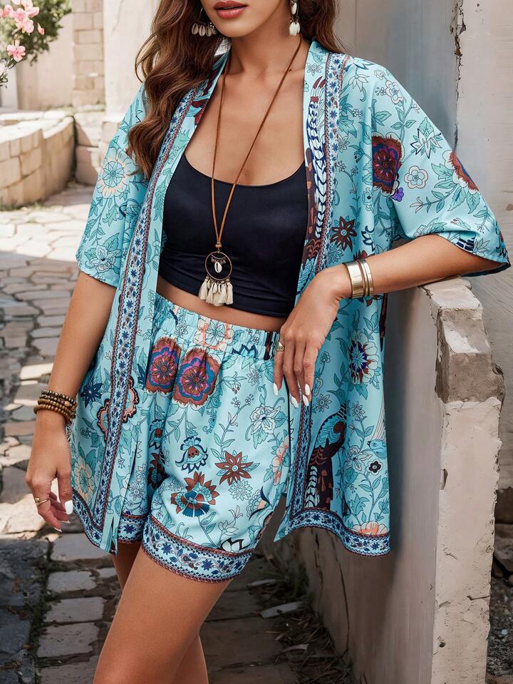 Bold Rush  Women's Vacation Floral Print Open Front Kimono And Shorts Set, Random Print