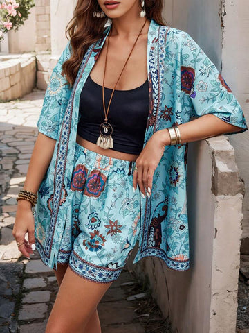 Bold Rush  Women's Vacation Floral Print Open Front Kimono And Shorts Set, Random Print