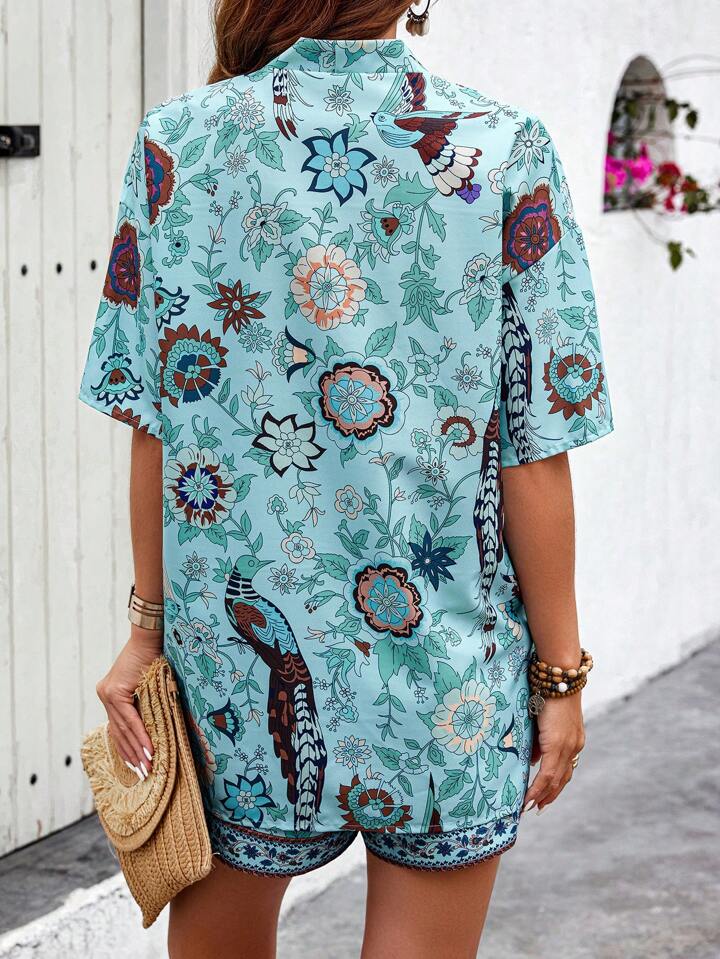 Bold Rush  Women's Vacation Floral Print Open Front Kimono And Shorts Set, Random Print