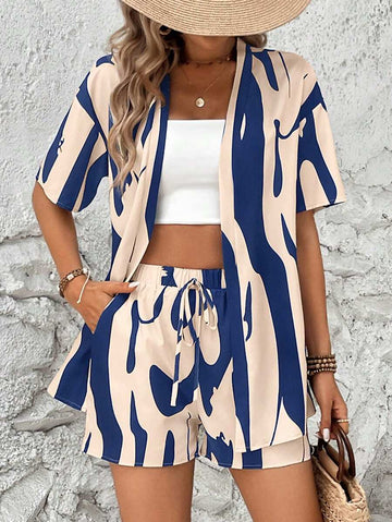 Bold Rush   Women's Random Print Shirt And Shorts Simple Daily Outfit Set