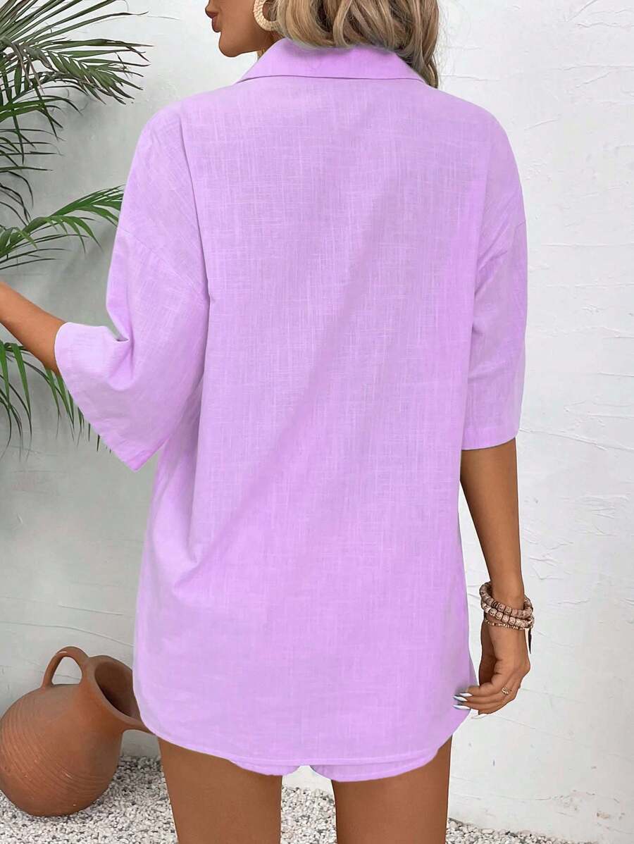 Bold Rush  2pcs Women's Summer Loose Solid Color Drop-Shoulder Blouse And Drawstring Waist Shorts Set