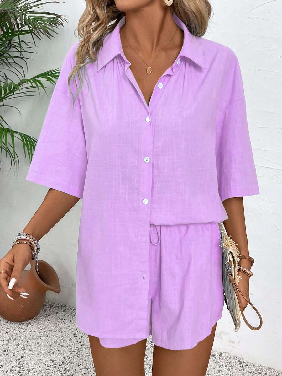 Bold Rush  2pcs Women's Summer Loose Solid Color Drop-Shoulder Blouse And Drawstring Waist Shorts Set