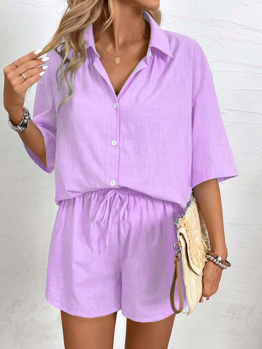 Bold Rush  2pcs Women's Summer Loose Solid Color Drop-Shoulder Blouse And Drawstring Waist Shorts Set