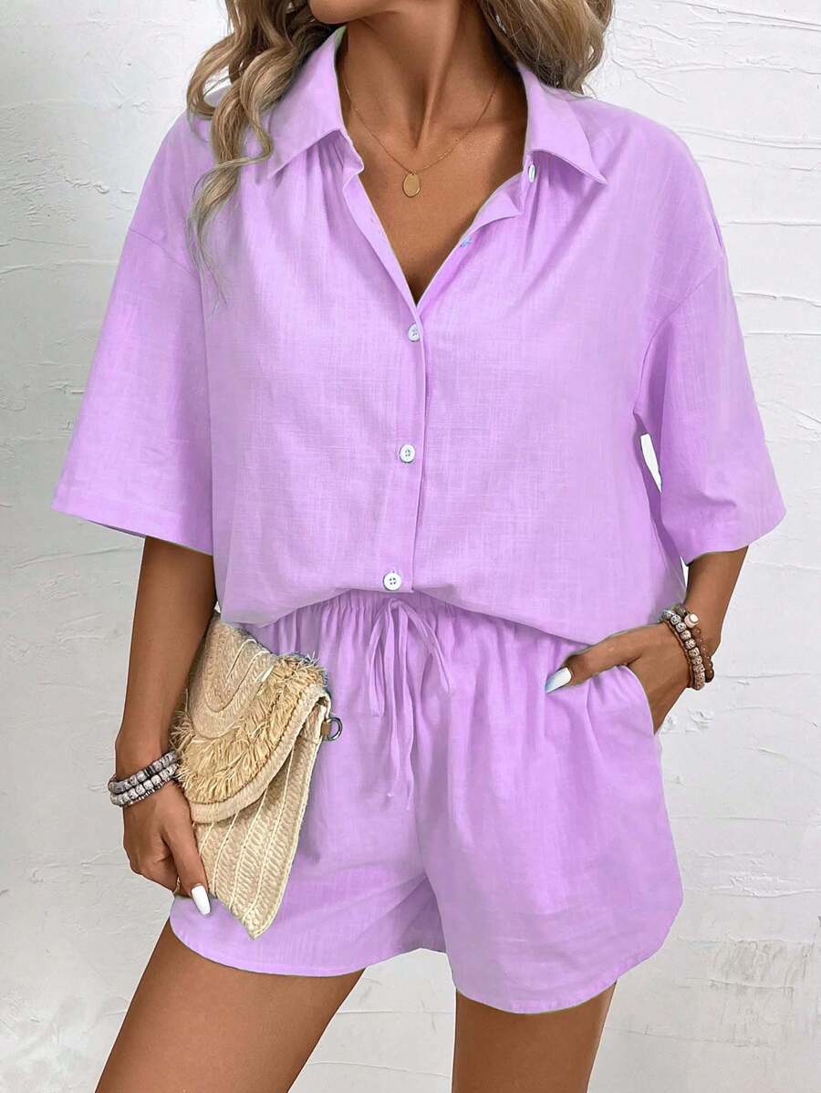 Bold Rush  2pcs Women's Summer Loose Solid Color Drop-Shoulder Blouse And Drawstring Waist Shorts Set