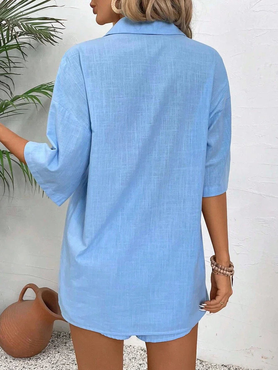 Bold Rush   Women's Vacation Leisure Solid Color Casual Drop-Shoulder Short Sleeve Shirt And Shorts Set