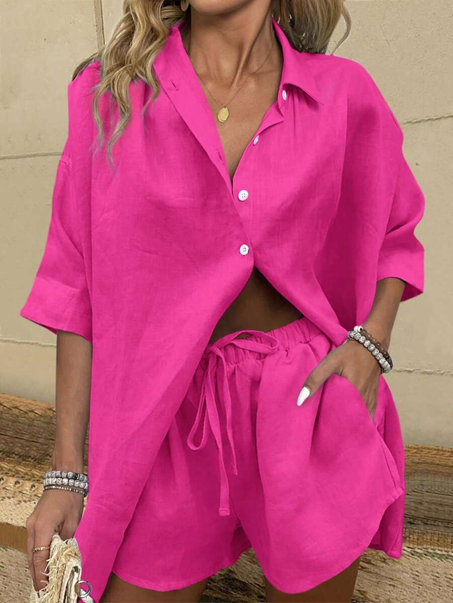 Bold Rush  Women's Summer Solid Color Drop-Shoulder Sleeve Shirt And Waist-Tied Loose Casual Shorts 2pcs Outfit