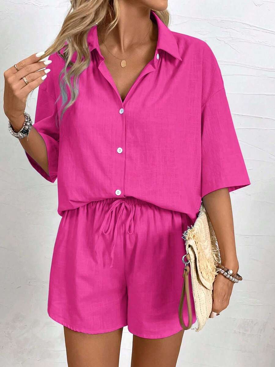 Bold Rush  Women's Summer Solid Color Drop-Shoulder Sleeve Shirt And Waist-Tied Loose Casual Shorts 2pcs Outfit