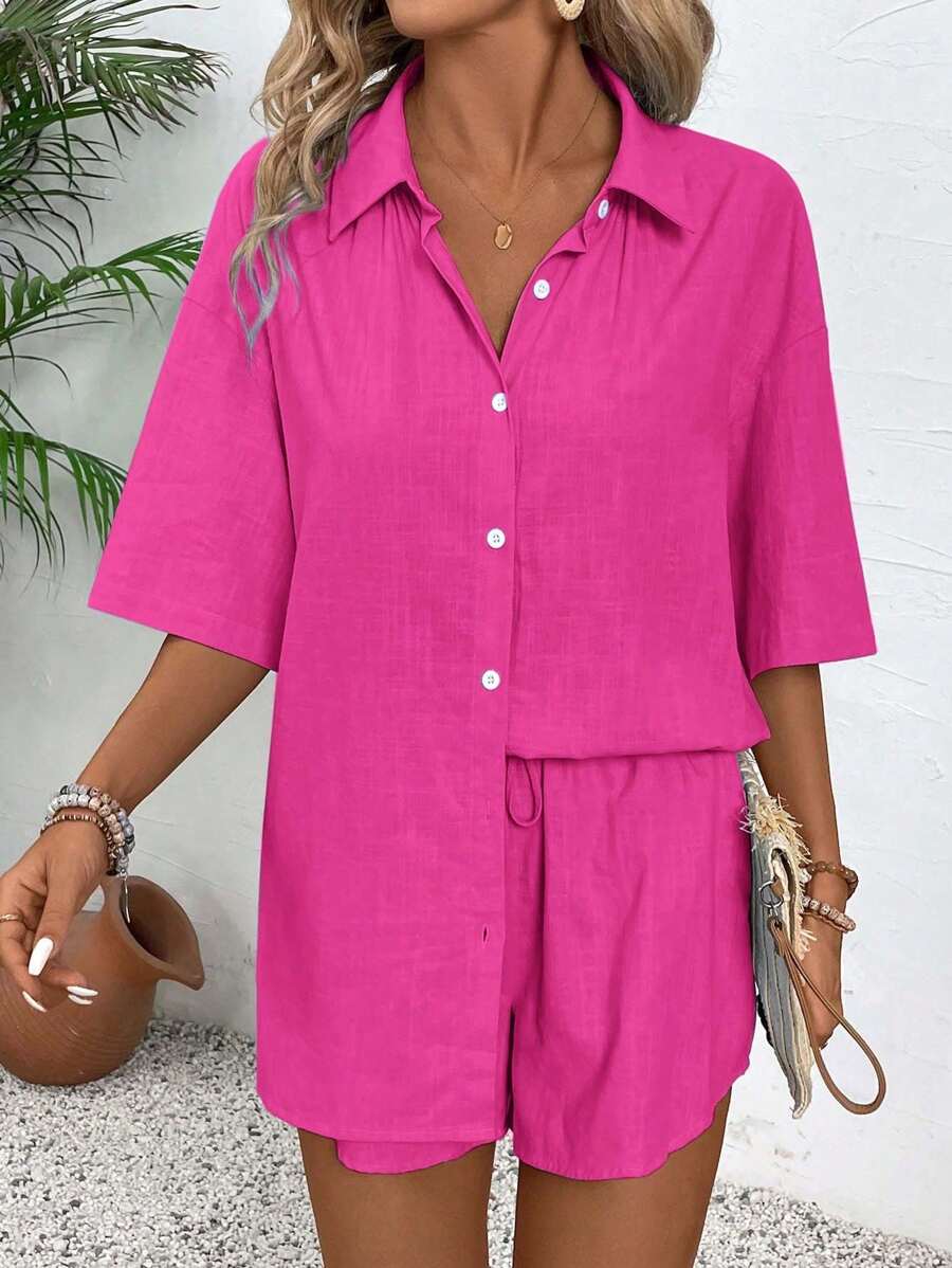 Bold Rush  Women's Summer Solid Color Drop-Shoulder Sleeve Shirt And Waist-Tied Loose Casual Shorts 2pcs Outfit