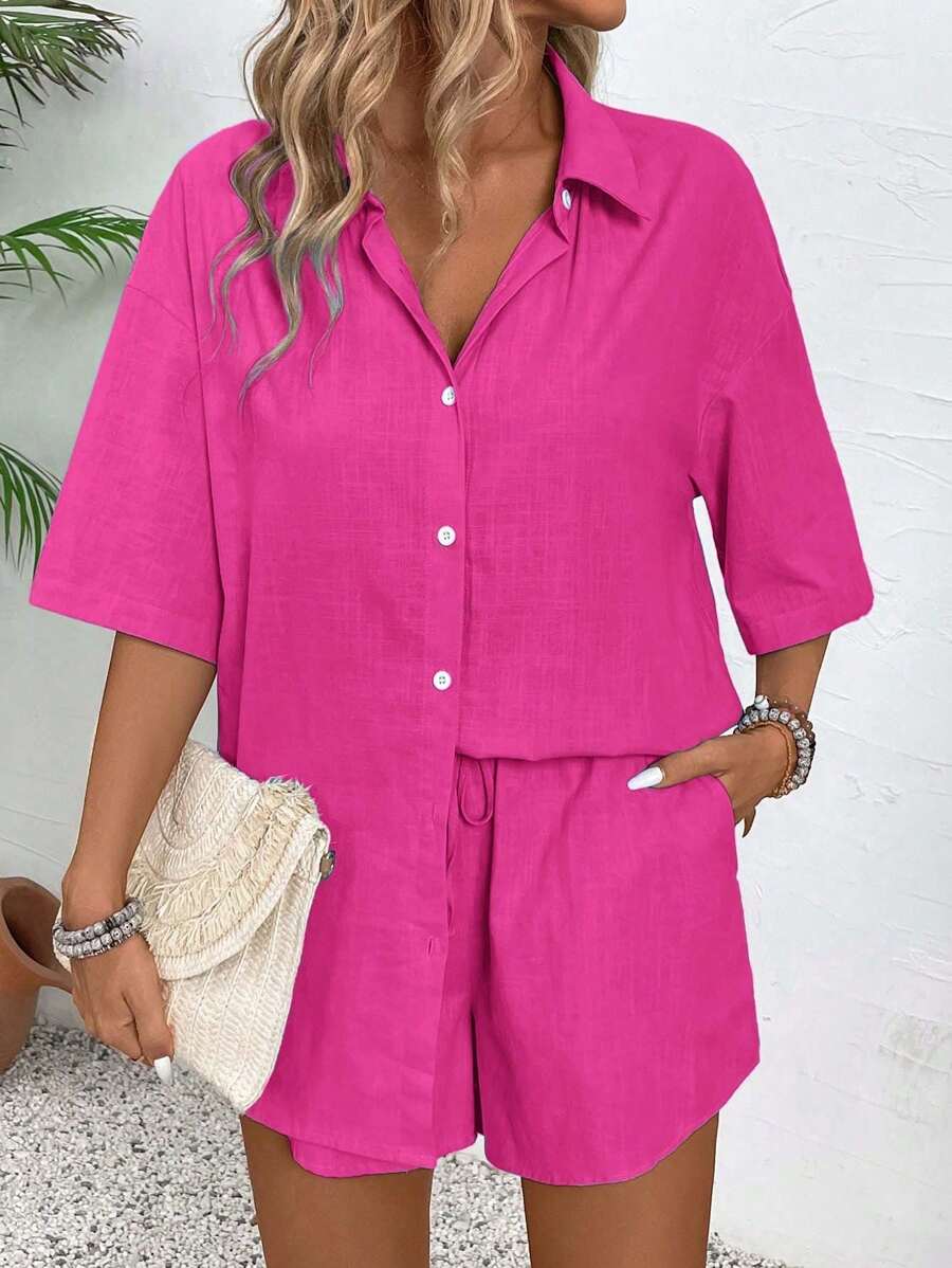 Bold Rush  Women's Summer Solid Color Drop-Shoulder Sleeve Shirt And Waist-Tied Loose Casual Shorts 2pcs Outfit