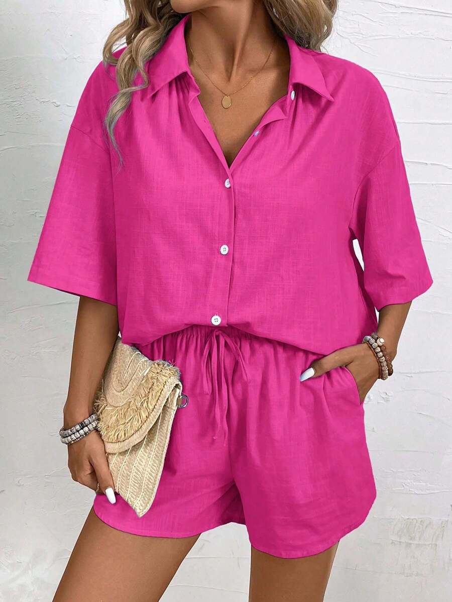 Bold Rush  Women's Summer Solid Color Drop-Shoulder Sleeve Shirt And Waist-Tied Loose Casual Shorts 2pcs Outfit