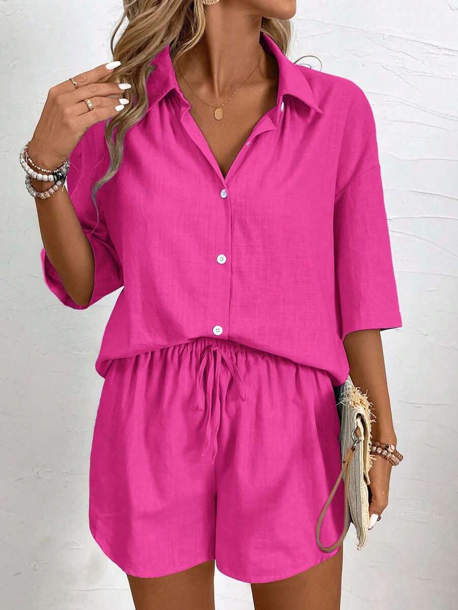 Bold Rush  Women's Summer Solid Color Drop-Shoulder Sleeve Shirt And Waist-Tied Loose Casual Shorts 2pcs Outfit