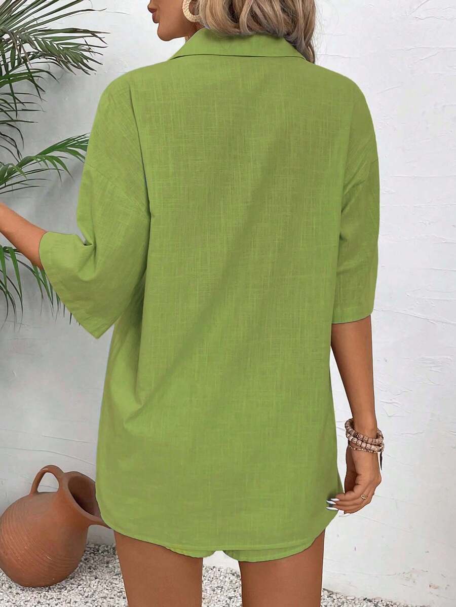 Bold Rush   Solid Button Front Blouse& Drawstring Waist Shorts