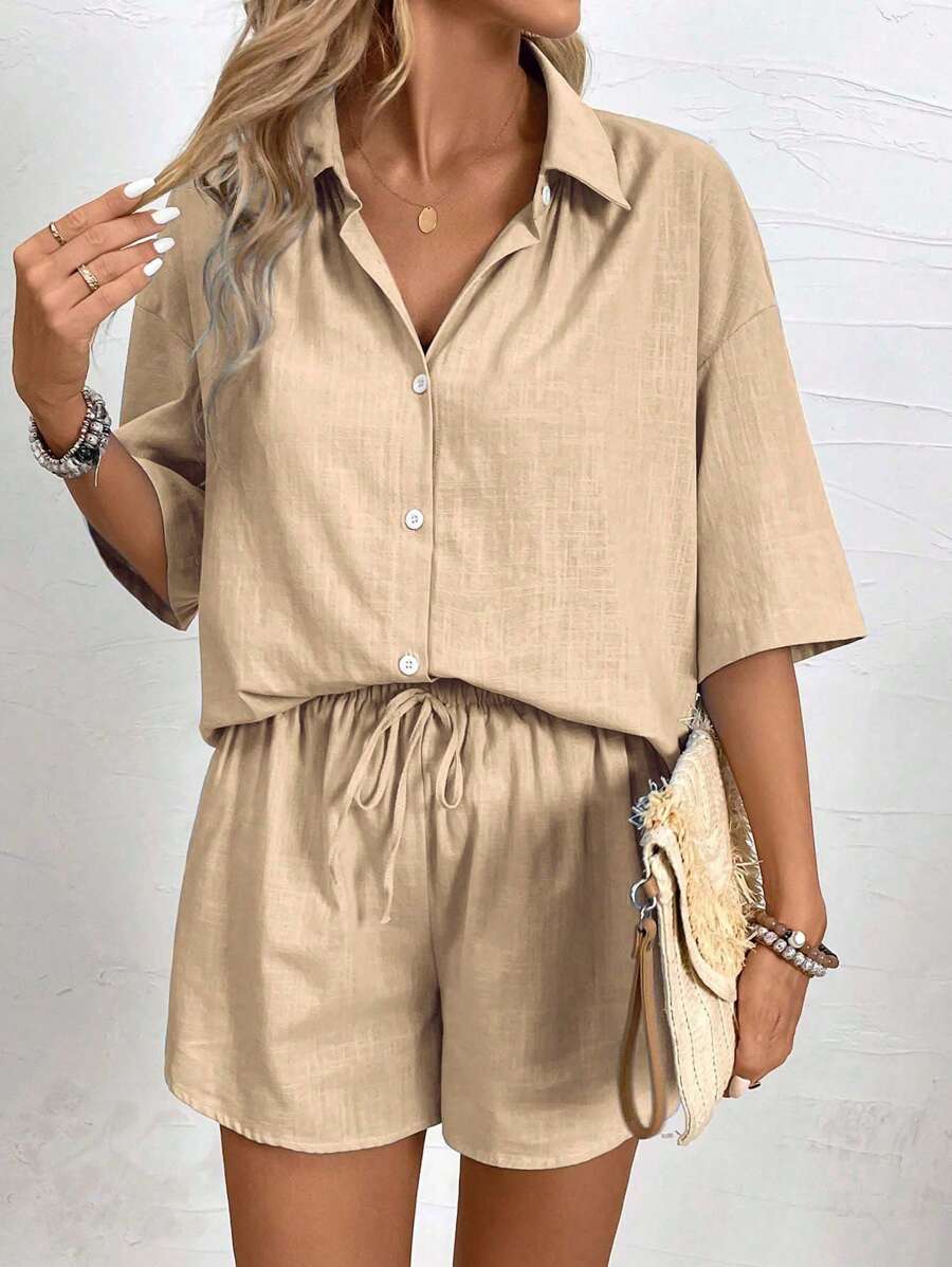 Bold Rush  Solid Button Front Shirt & Drawstring Waist Shorts