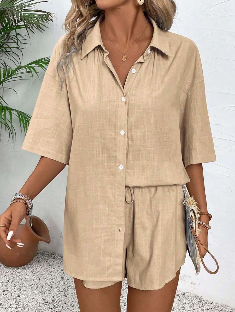 Bold Rush  Solid Button Front Shirt & Drawstring Waist Shorts