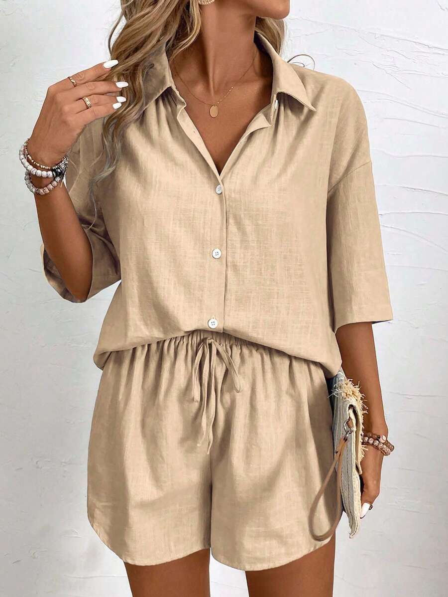 Bold Rush  Solid Button Front Shirt & Drawstring Waist Shorts