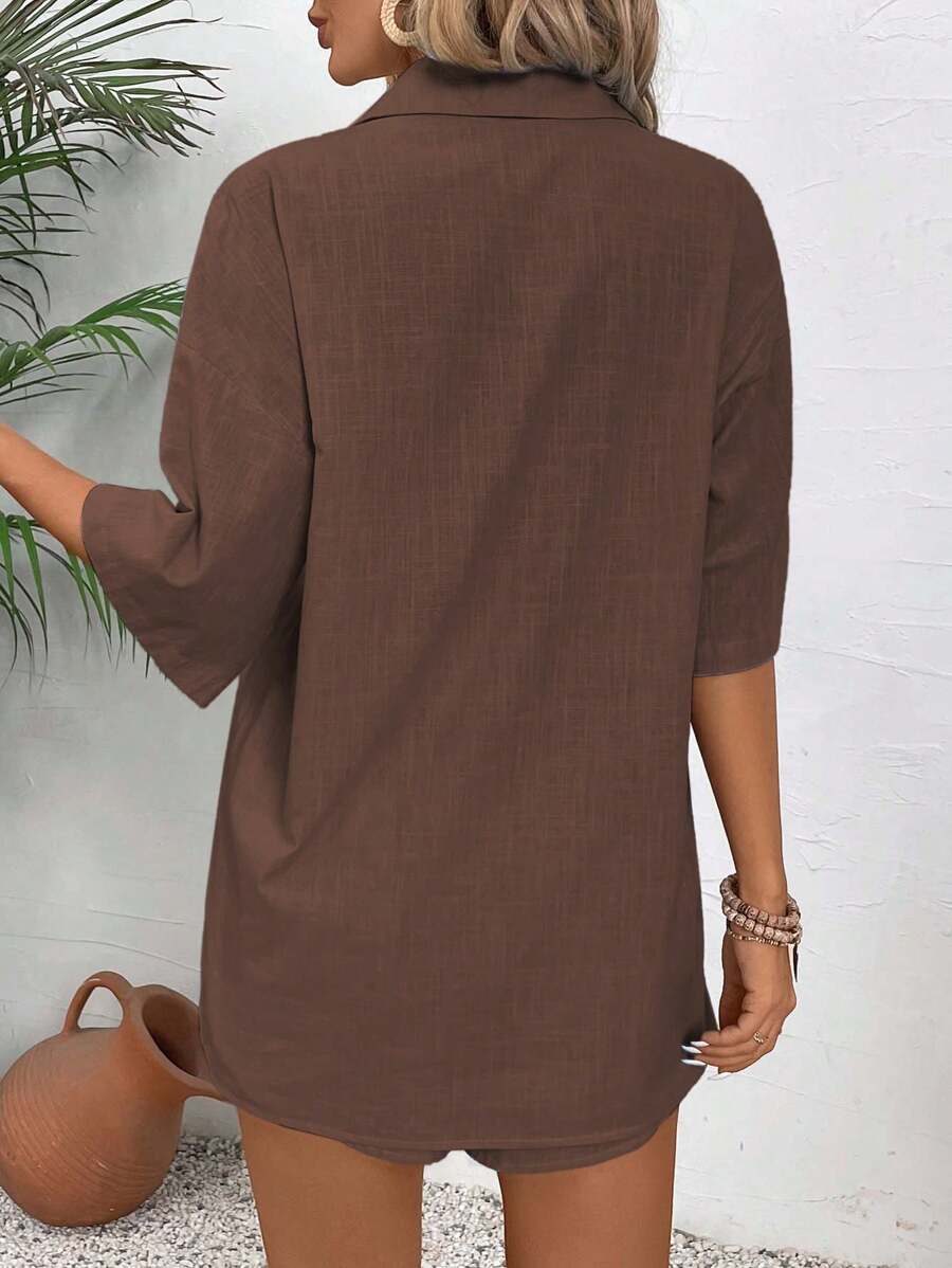 Bold Rush  2pcs Women's Solid Color Minimalist Daily Short Sleeve Shirt And Shorts Set