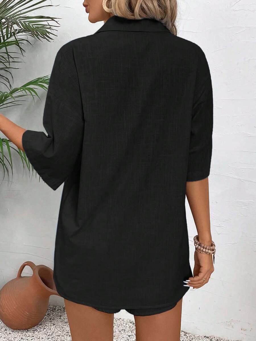 Bold Rush  Women's Holiday Casual Solid Color Short Sleeve Shirt And Shorts Set