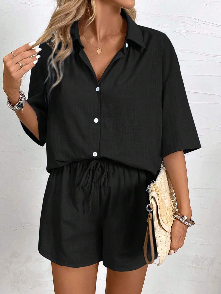 Bold Rush  Women's Holiday Casual Solid Color Short Sleeve Shirt And Shorts Set