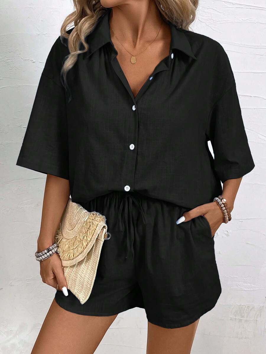 Bold Rush  Women's Holiday Casual Solid Color Short Sleeve Shirt And Shorts Set