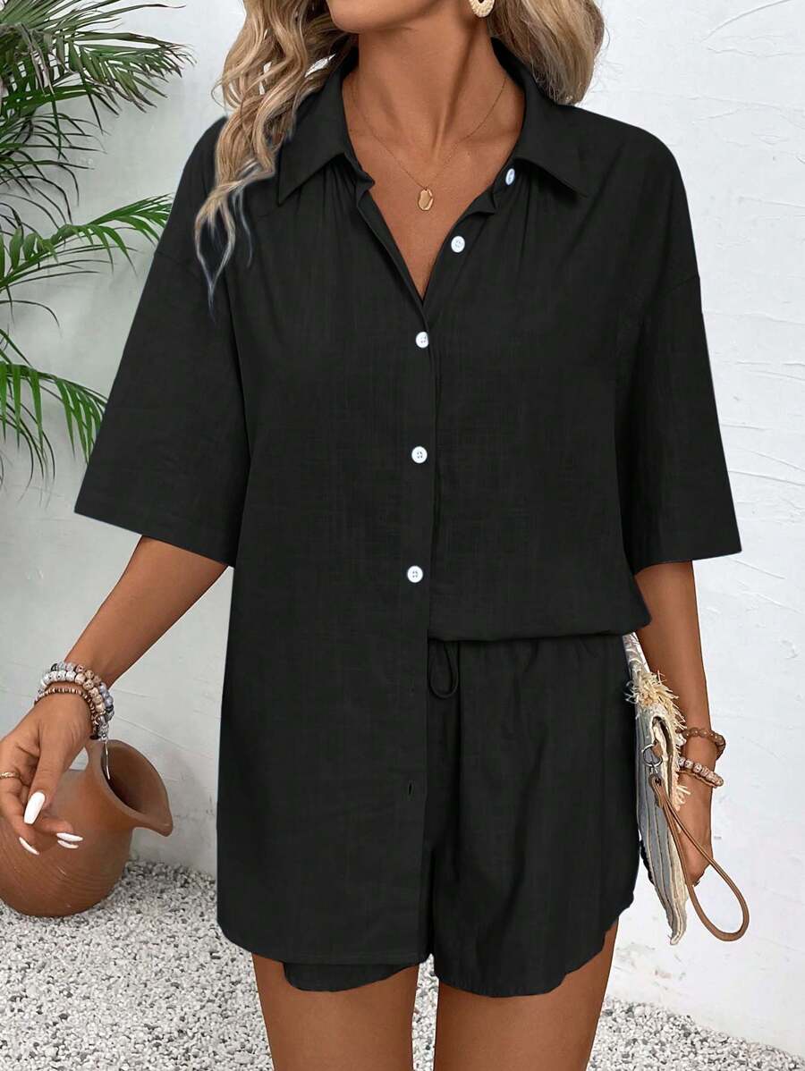 Bold Rush  Women's Holiday Casual Solid Color Short Sleeve Shirt And Shorts Set