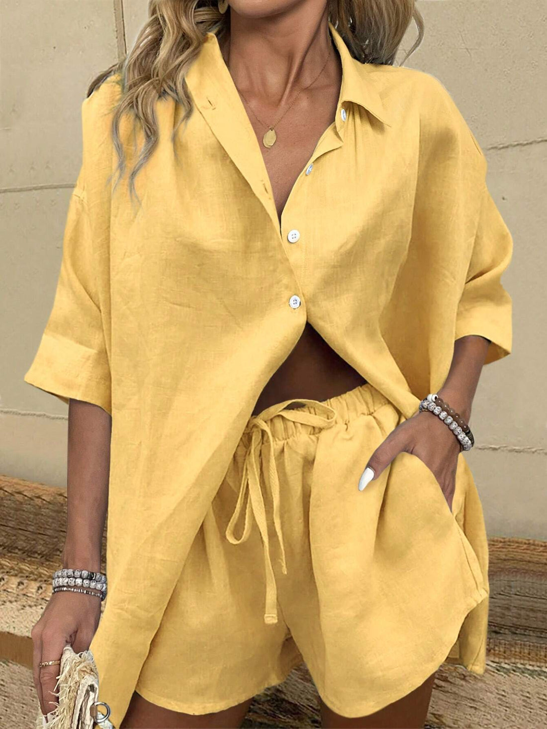 Bold Rush  Women's Vacation Casual Solid Color Short Sleeve Shirt And Shorts Set