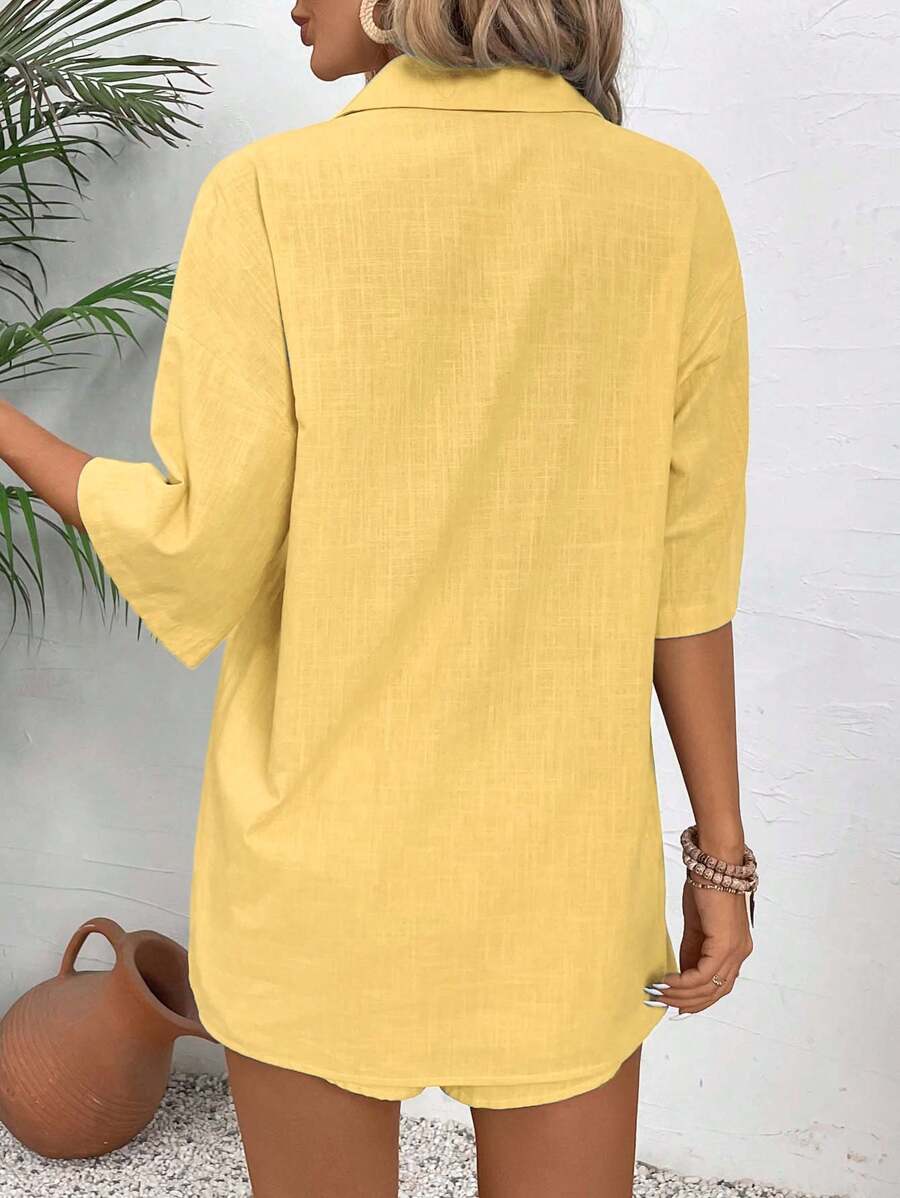 Bold Rush  Women's Vacation Casual Solid Color Short Sleeve Shirt And Shorts Set