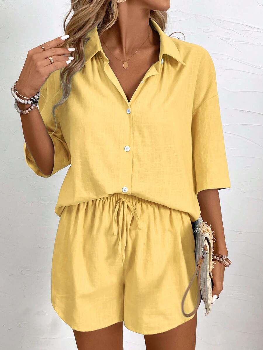 Bold Rush  Women's Vacation Casual Solid Color Short Sleeve Shirt And Shorts Set
