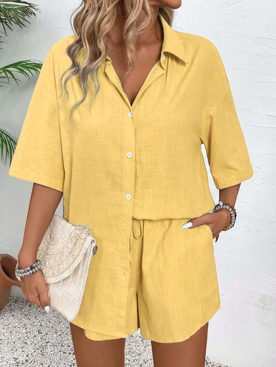 Bold Rush  Women's Vacation Casual Solid Color Short Sleeve Shirt And Shorts Set