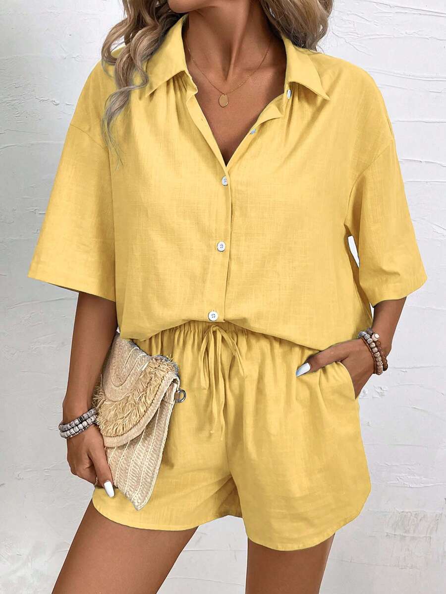 Bold Rush  Women's Vacation Casual Solid Color Short Sleeve Shirt And Shorts Set