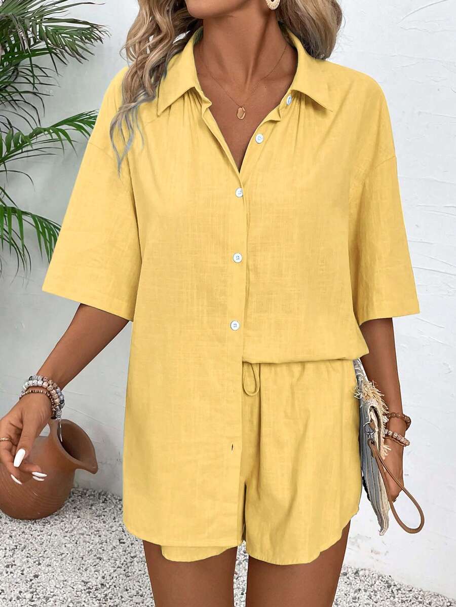 Bold Rush  Women's Vacation Casual Solid Color Short Sleeve Shirt And Shorts Set