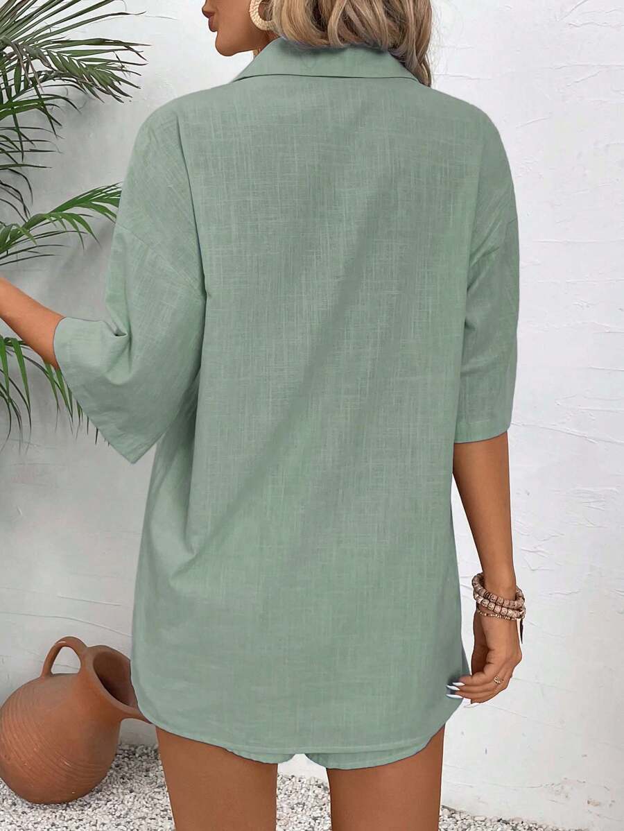 Bold Rush  2pcs Women Casual Plain Shirt Collar Button Up Blouse & Shorts Set