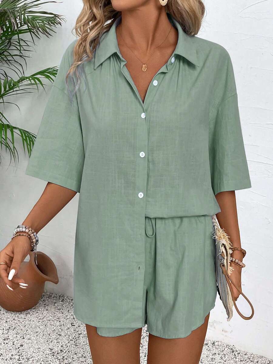 Bold Rush  2pcs Women Casual Plain Shirt Collar Button Up Blouse & Shorts Set