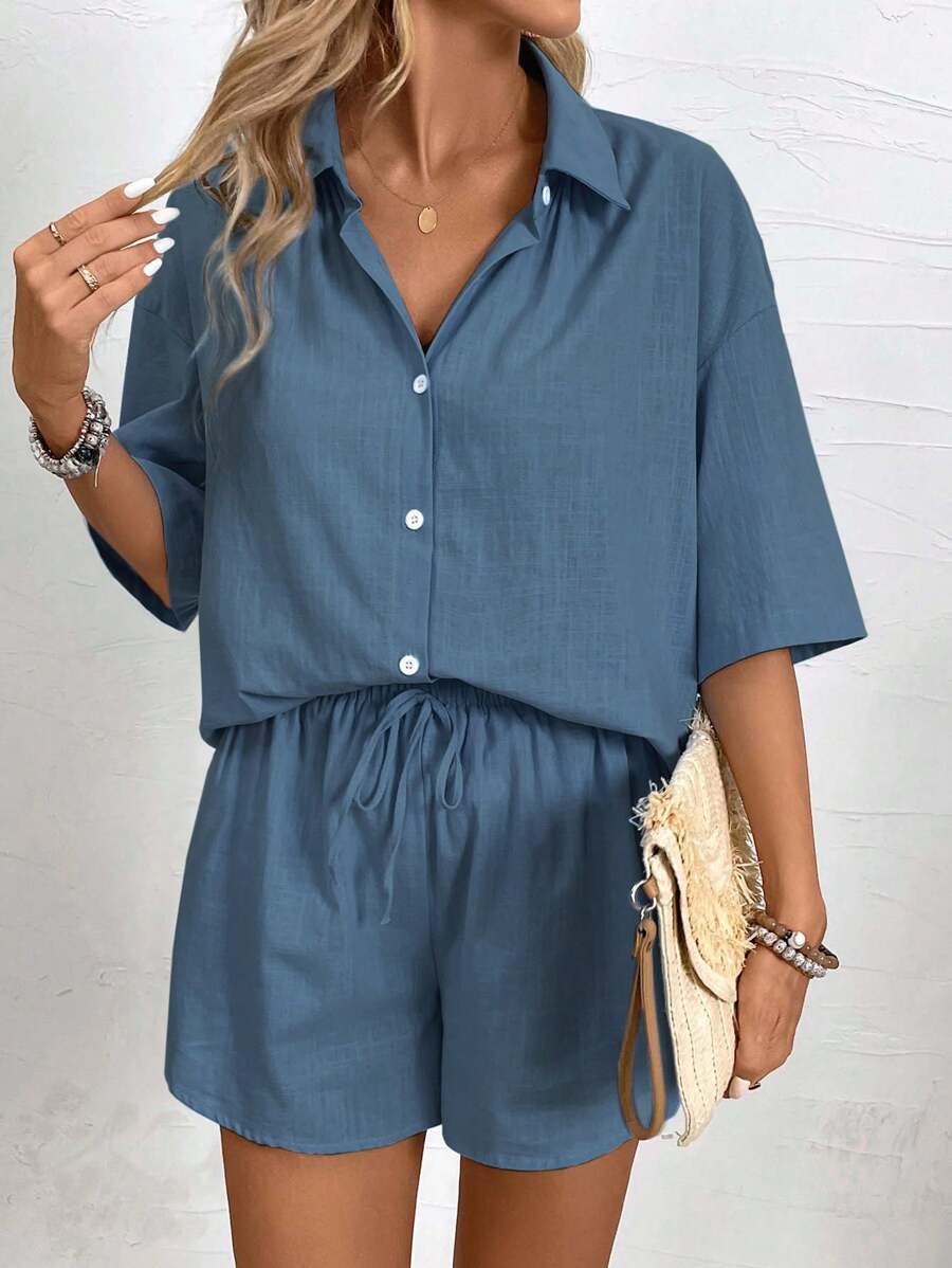 Bold Rush  2pcs Women's Button-Up Collared Blouse And Shorts Set