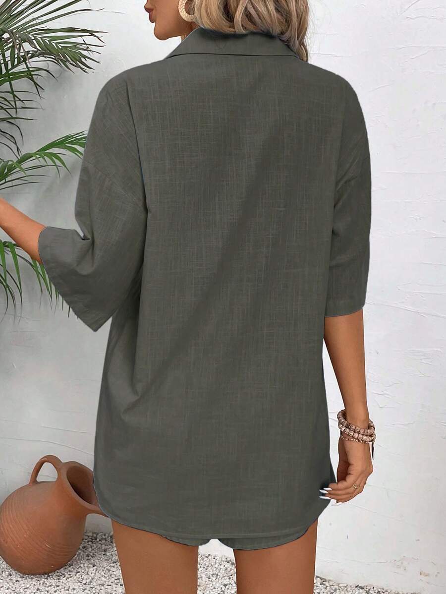 Bold Rush   2pcs Women Short Sleeve Plain Casual Shirt Set, Minimalist & Fashionable For Daily Wear