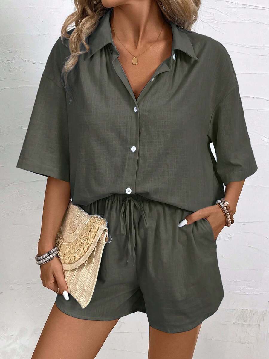 Bold Rush   2pcs Women Short Sleeve Plain Casual Shirt Set, Minimalist & Fashionable For Daily Wear