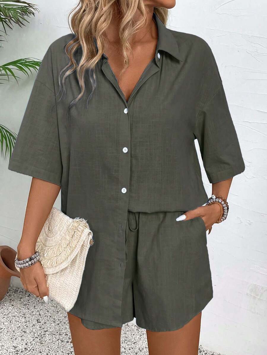 Bold Rush   2pcs Women Short Sleeve Plain Casual Shirt Set, Minimalist & Fashionable For Daily Wear