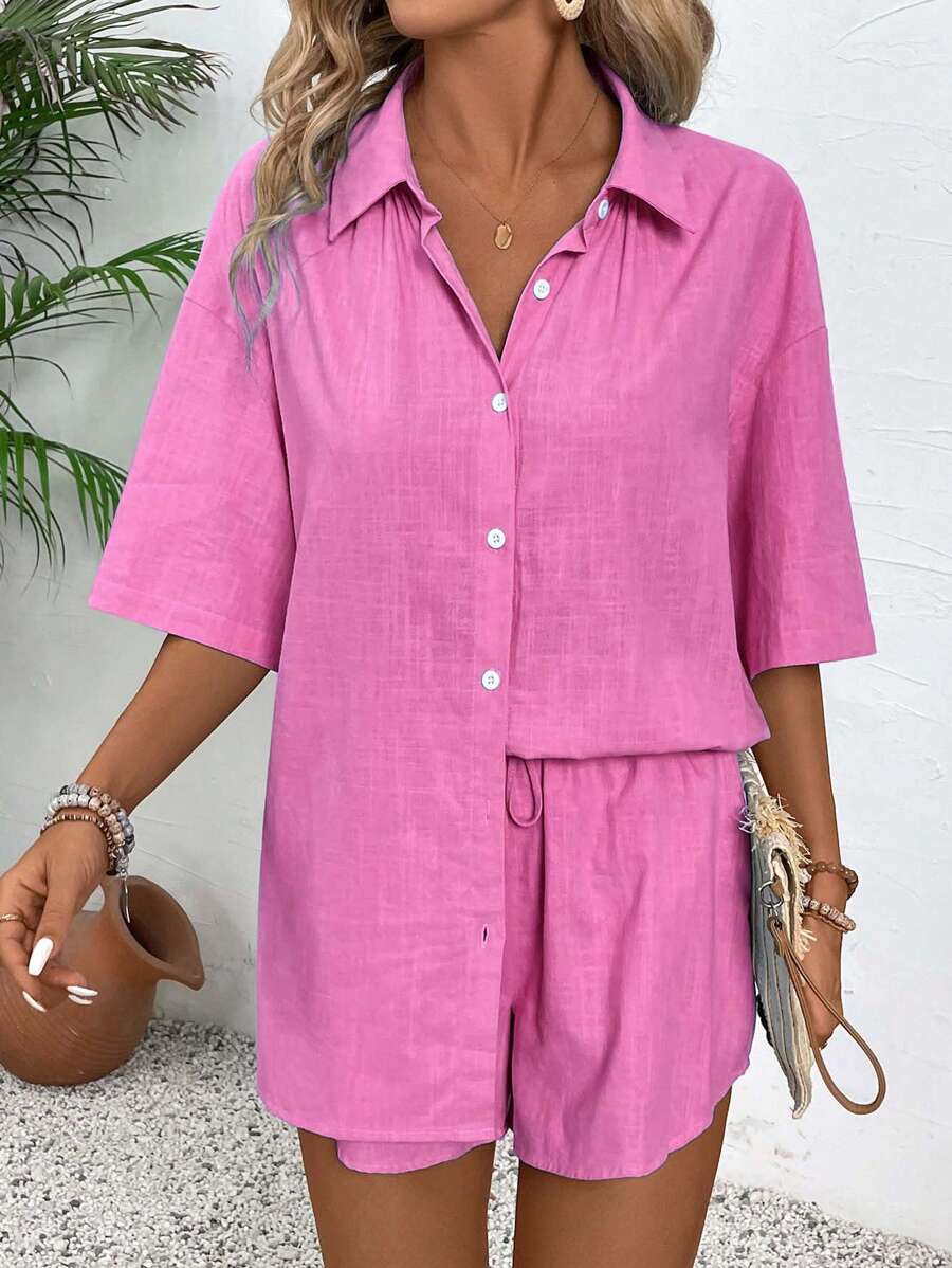 Bold Rush  2pcs Women Casual Set: Solid Drop Shoulder Single-Breasted Shirt And Tie-Waist Shorts, Autumn